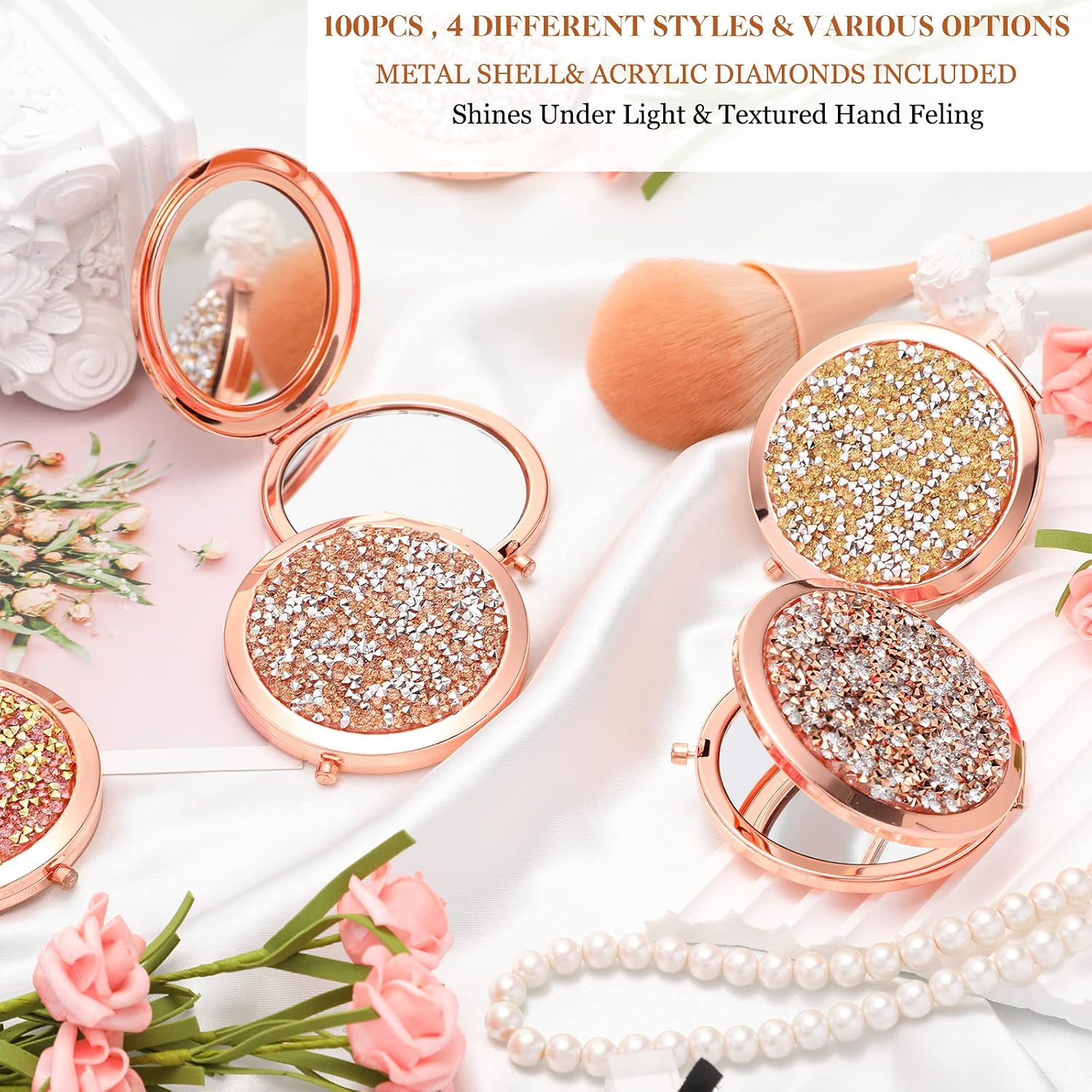 Cindeer 100 Pcs Small Compact Mirror Folding Pocket Makeup Round Hand Held Cosmetic Magnifying Compact Rhinestone Mirror with 1X/2X Magnification for Women Girls Travel (Cute Colors)
