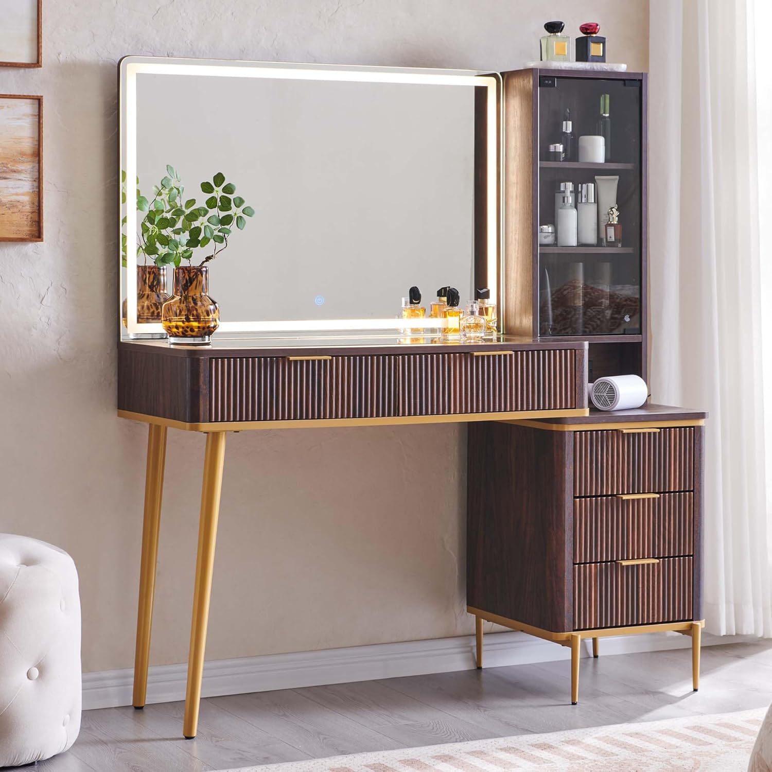 T4TREAM Fluted Makeup Vanity Desk with 36' HD Lighted Mirror, 48' Big Modern Vanity Desk with Mirror and Lights, Dressing Table with 5 Drawers & Shelves, Glass Top for Bedroom, Dark Walnut