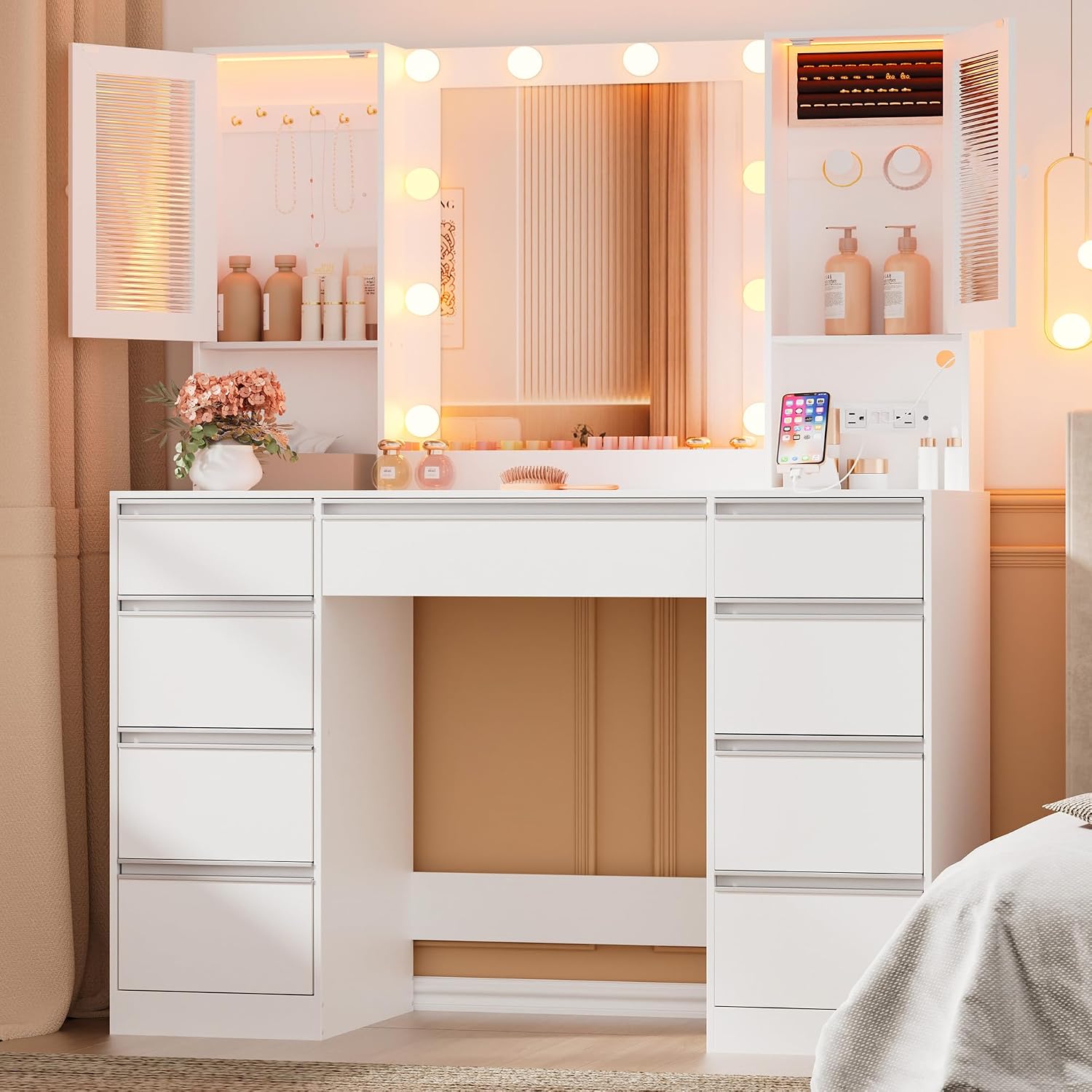 ERLEJIA Vanity Desk with Mirror and Lights, 42.52' 9 Drawer Makeup Table with 2 RGB Lighting Cabinets and Power Outlet for Girls and Ladies Bedroom, White