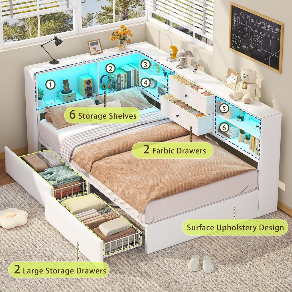 Twin Corner Bed Frame with Storage Bookcase and 4 Drawers, Upholstered Daybed Twin Size with Charging Station & LED Lights, White L-Shape Twin Size Bed Frames Metal Platform Bed for Kids Teenagers
