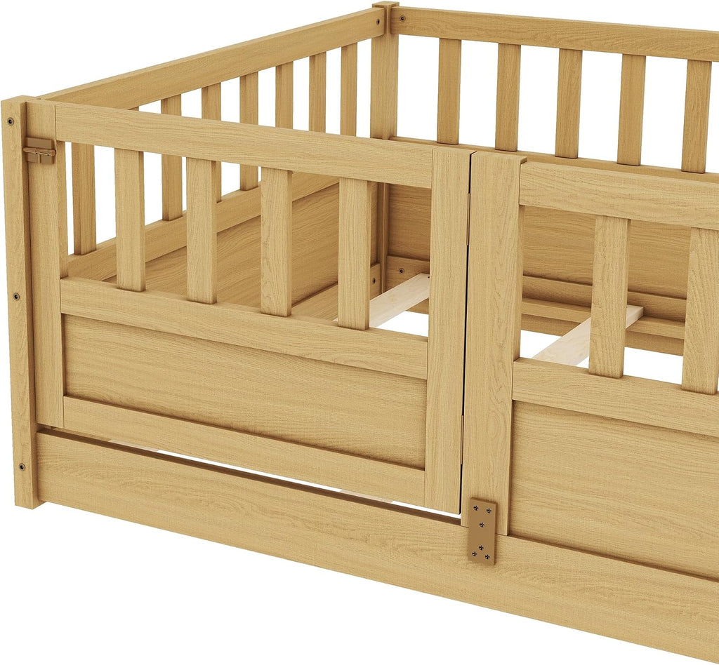 Bellemave Twin Size Floor Bed with Fence and Door, Montessori Floor Bed with Slats, Twin Size Montessori Beds for Kids, Girls, Boys, Natural