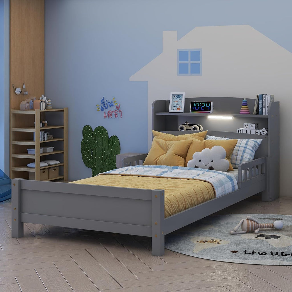 Twin Bed Frames for Kids with Storage Bookcase, Twin Kids Bed Frame with LED Motion Sensor Light & Guardrails, Kids Wood Twin Bed Frame, No Box Spring Needed, Grey