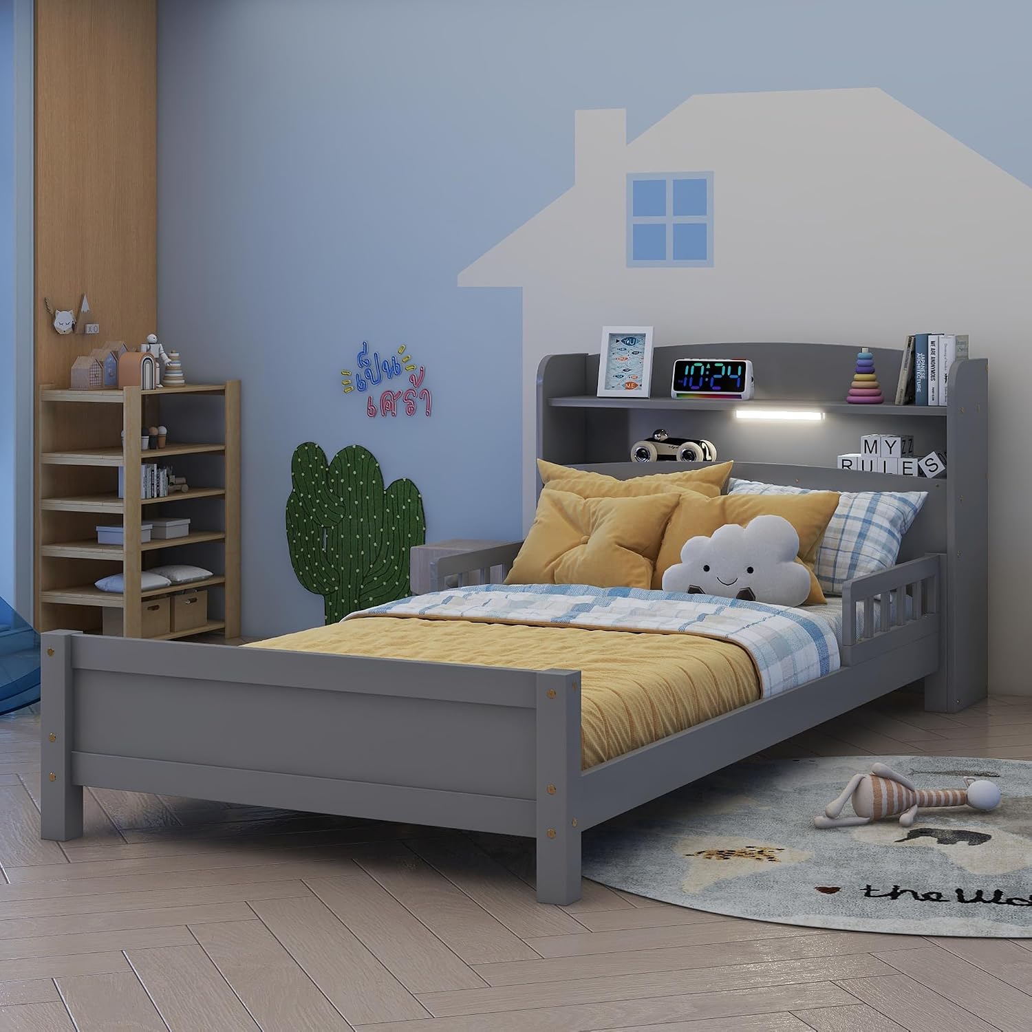 Twin Bed Frames for Kids with Storage Bookcase, Twin Kids Bed Frame with LED Motion Sensor Light & Guardrails, Kids Wood Twin Bed Frame, No Box Spring Needed, Grey