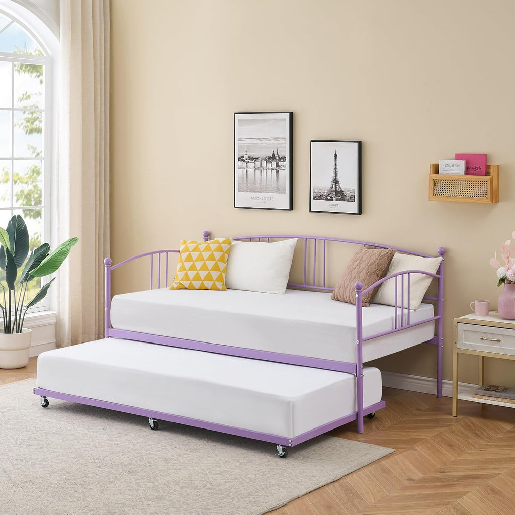 GarveeHome Daybed with Trundle, Sturdy Metal Day Bed with Steel Slat Support, Trundle Bed Twin with Arched Headboard, SofaBed for Living Room, Bedroom and Guest Room, Purple