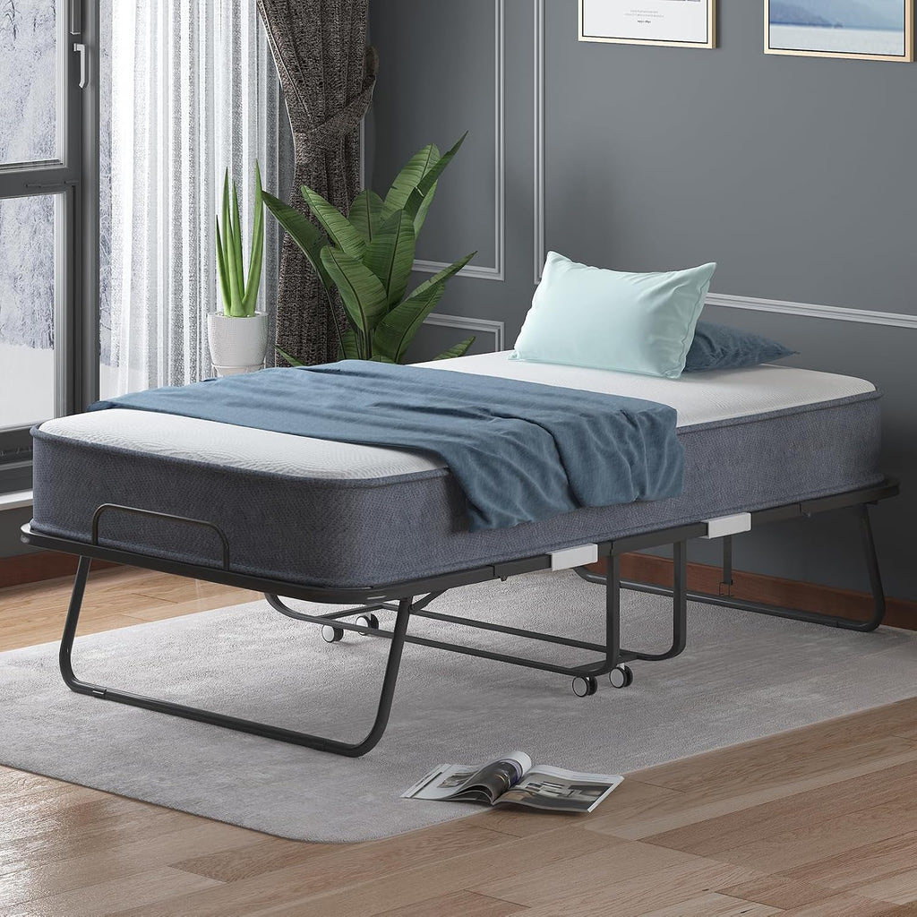 BALUS Folding Bed with Mattress for Adults, 75 ''L X 38''W Rollaway Bed with 5'' Memory Foam Mattress, Fold Out Guest Beds with Wheels, Metal Frame Portable Twin Bed for Space Saving(Standard)
