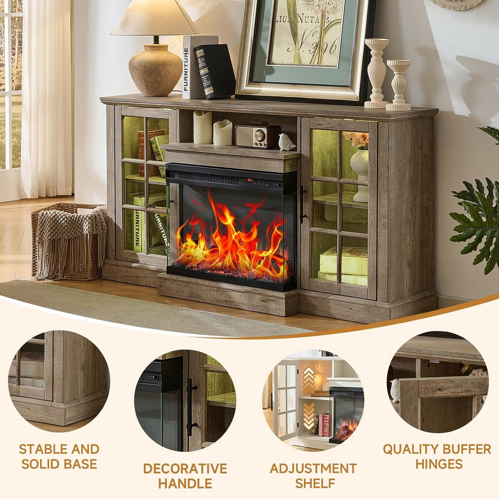 ROCKPOINT 3 Sided Glass 59' Fireplace TV Stand for TVs up to 65inch, Media Entertainment Center with Glass Door Storage Cabinet,24' Electric Fireplace with LED Light and Flame Colors,Grey