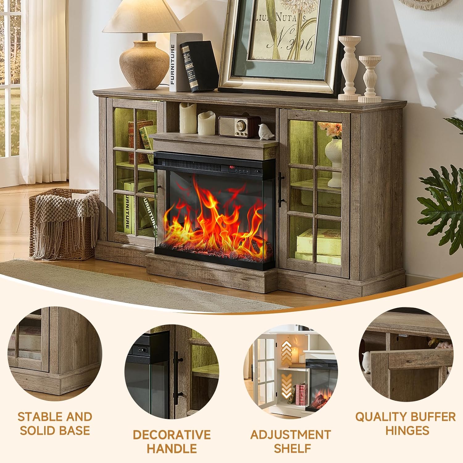 ROCKPOINT 3 Sided Glass 59' Fireplace TV Stand for TVs up to 65inch, Media Entertainment Center with Glass Door Storage Cabinet,24' Electric Fireplace with LED Light and Flame Colors,Grey