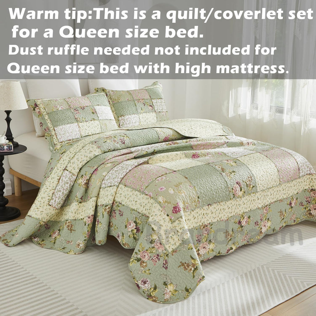 Brandream Patchwork Quilts Queen Size Cotton Green Rose Floral Quilted Comforter Set Country Rustic Coverlet Set 3-Piece