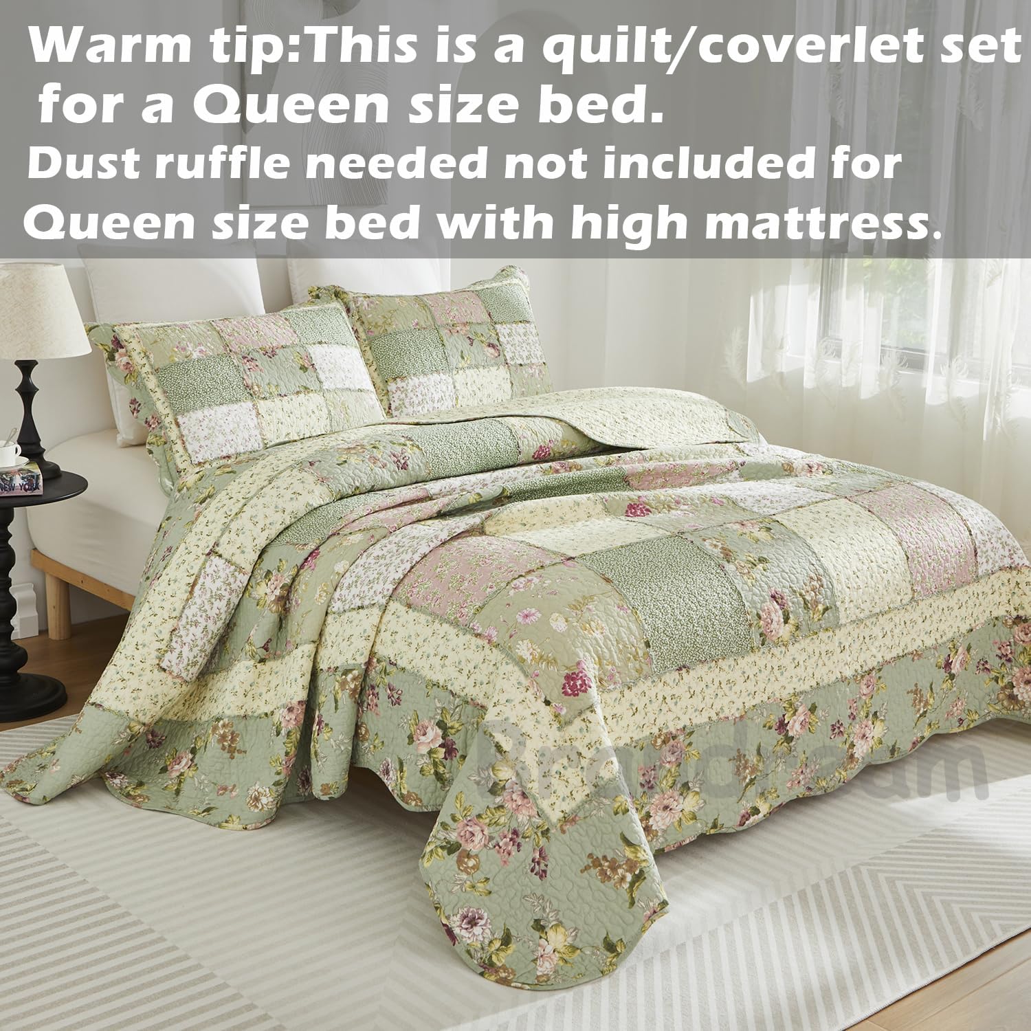 Brandream Patchwork Quilts Queen Size Cotton Green Rose Floral Quilted Comforter Set Country Rustic Coverlet Set 3-Piece