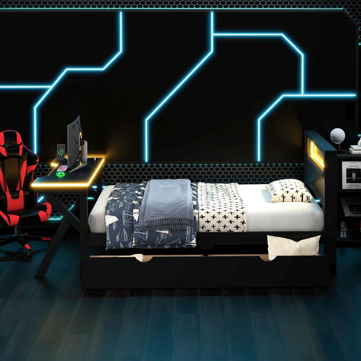 JIVOIT Twin Size Wooden Gaming Platform Bed with Desk, Two Storage Drawers, Headboard, Wood Slats Support, No Spring Box Needed