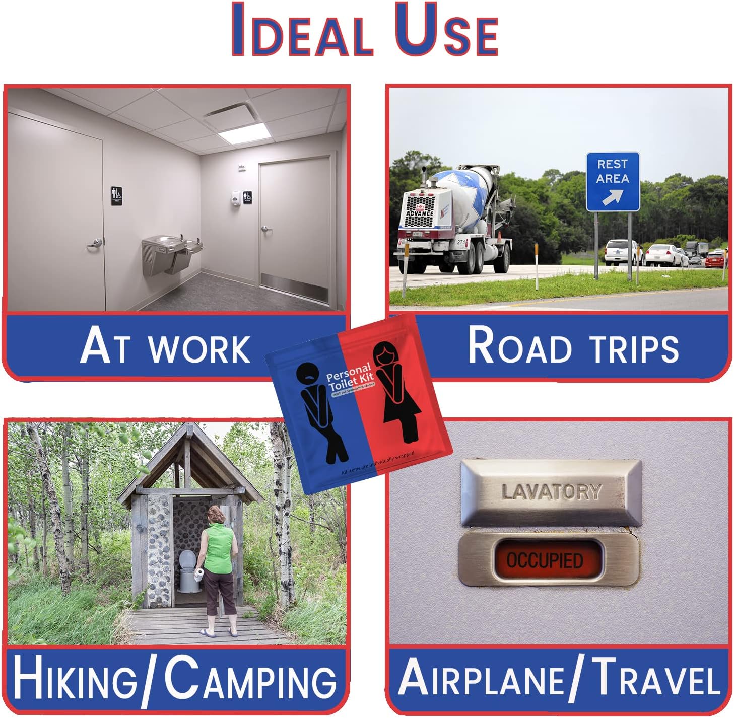 Public Restroom Kit: Pack of On-The-Go Bathroom Kits with Toilet Paper for Travel - Public Toilet Survival Kit Including Gloves, Wipes, Seat Covers in Zip Top Bag
