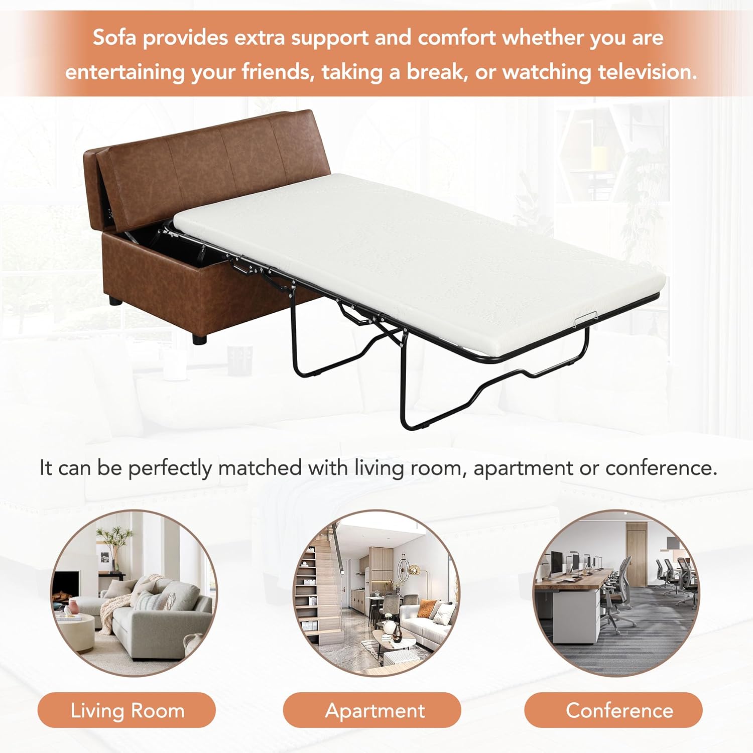 Folding Ottoman Sleeper Bed with Foldable Foam Mattress, Faux Leather Upholstered with Pull Out Bed and Steel Frame Base, Twin Size, for Living Room Bedroom Office (Brown PU)