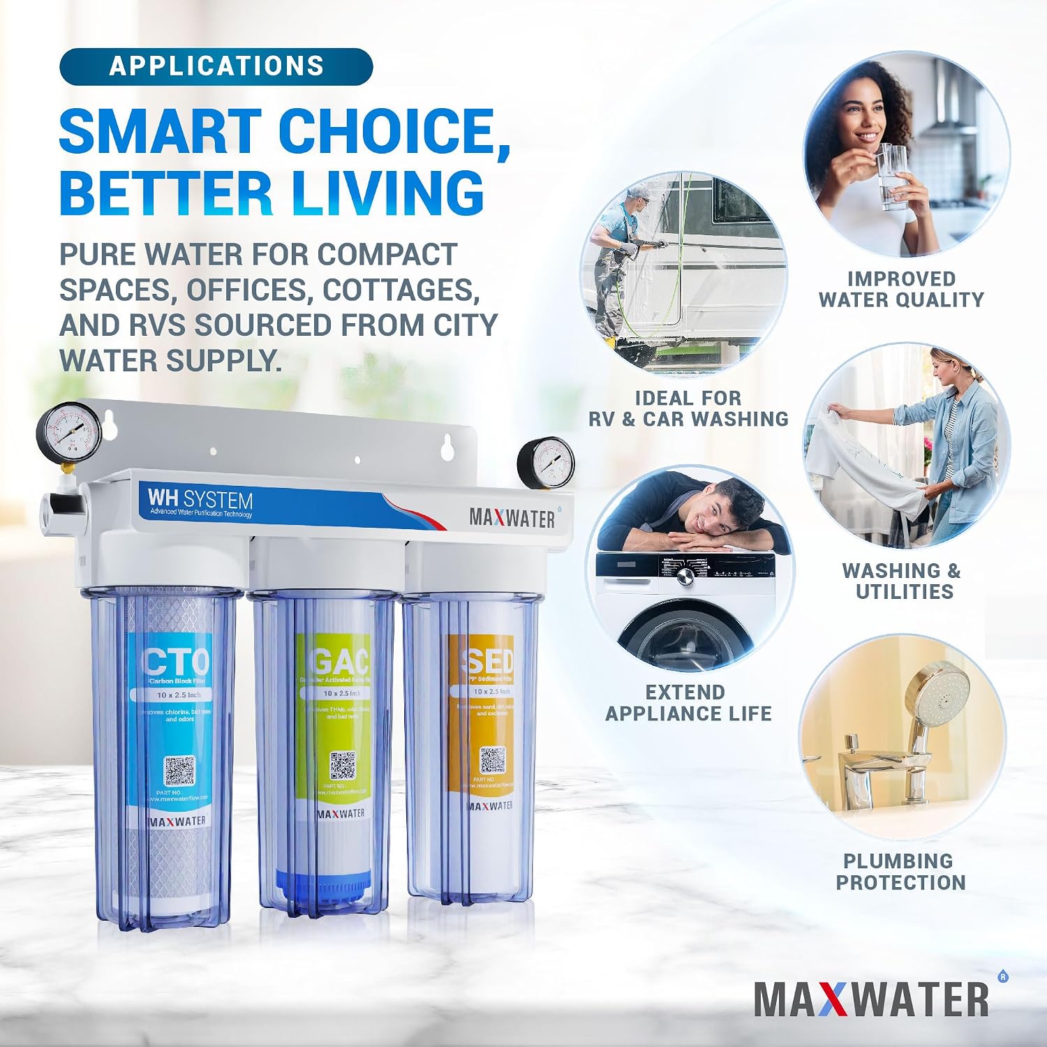 Max Water 3 Stage (Good for City Water) 10 inch Standard Water Filtration System for Whole House - Sediment + GAC + CTO Post Carbon - ¾ Inlet/Outlet