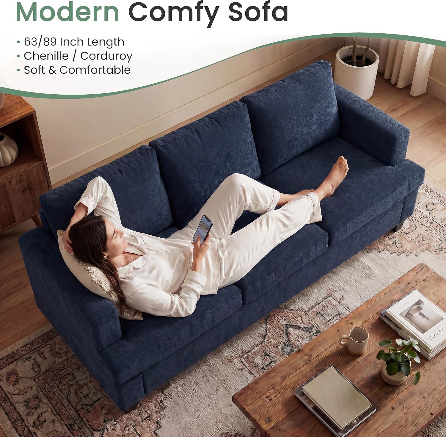 Fiona's magic 6 Seats Couch Set, 2 Piece Set Comfy Sofa, 3 Seater Sofa*2 with Deep Seats for Living Room, Modern Sleeper Couch, Navy Chenille