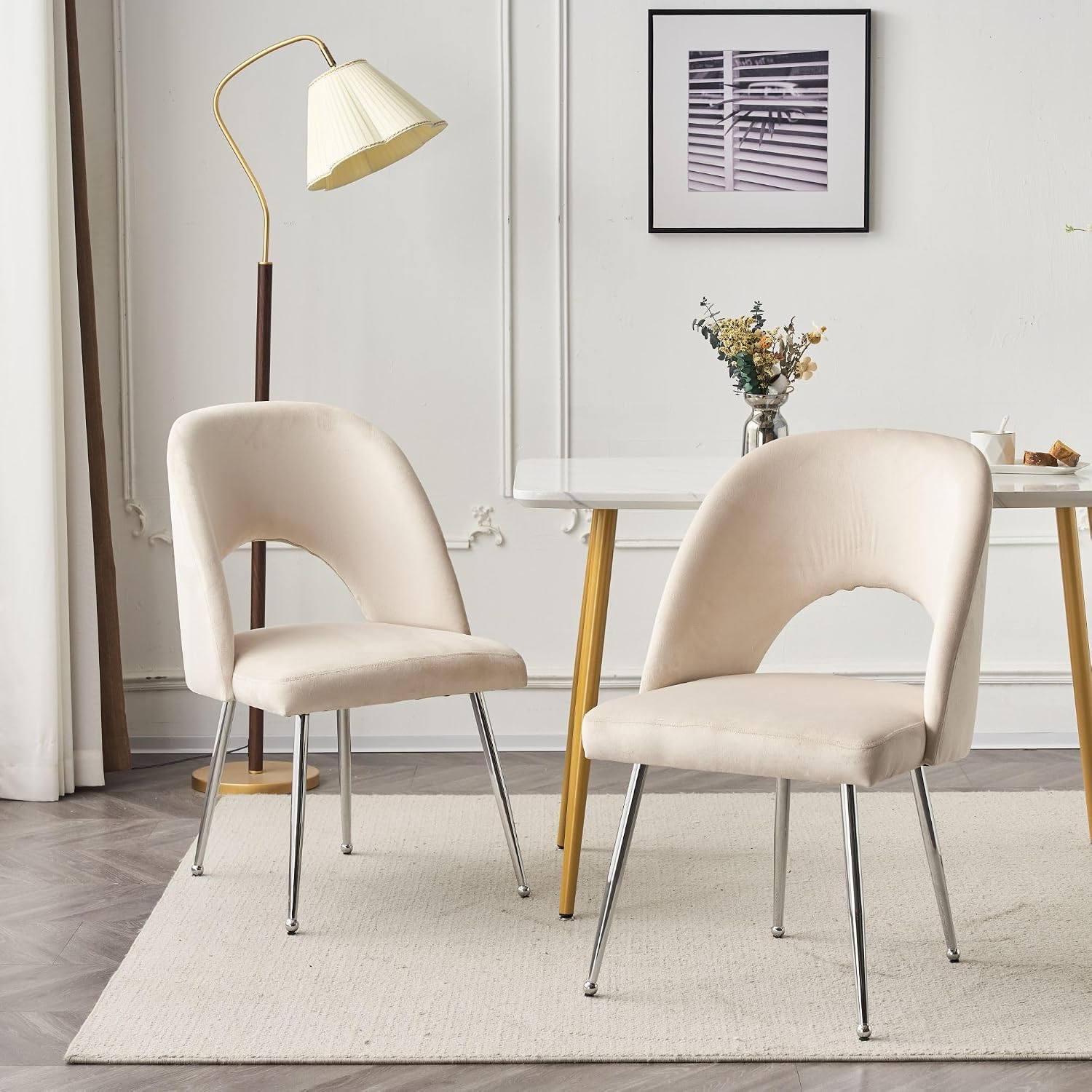 Luxury Velvet Swivel Dining Chairs Set of 2 Beige Chairs for Living Room or Bedroom Single Light Luxury Design Metal Legs Elegant Furniture for Home Décor (Beige Set of 2)