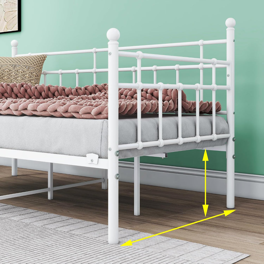 HOMERECOMMEND Metal Daybed Frame Steel Slats Platform Base Box Spring Replacemen Bed Sofa for Living Room Guest Room (Twin, White).