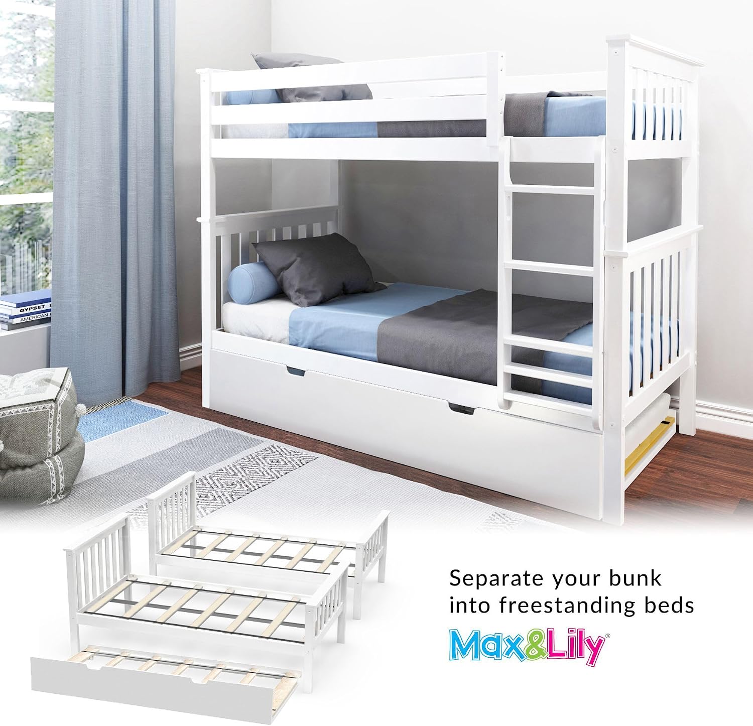 Max & Lily Bunk Bed, Twin-Over-Twin Wood Bed Frame For Kids With Trundle, White