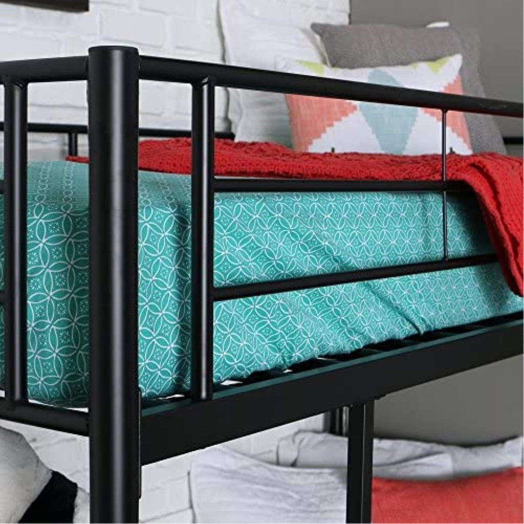 Walker Edison Metal Twin Low Loft Bunk Bed with Desk Bunk Bed Kids Bed Bedroom Storage Guard Rail Ladder, Twin, Black