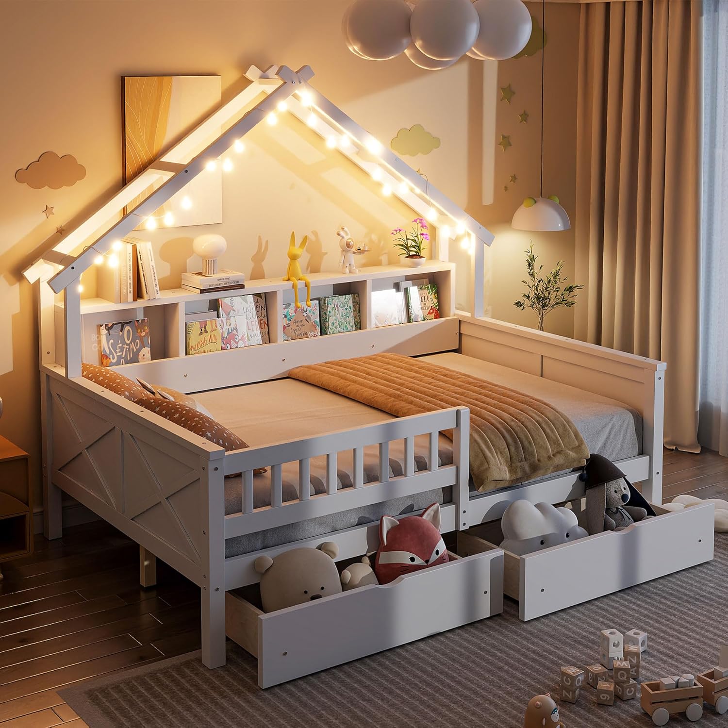 SOFTSEA Full Size House Bed with Storage Drawers, Wood Daybed with LED Lights, Storage Bookshelves, House Platform Bed Frame with Rails and Roof for Kids Boys Girls, White