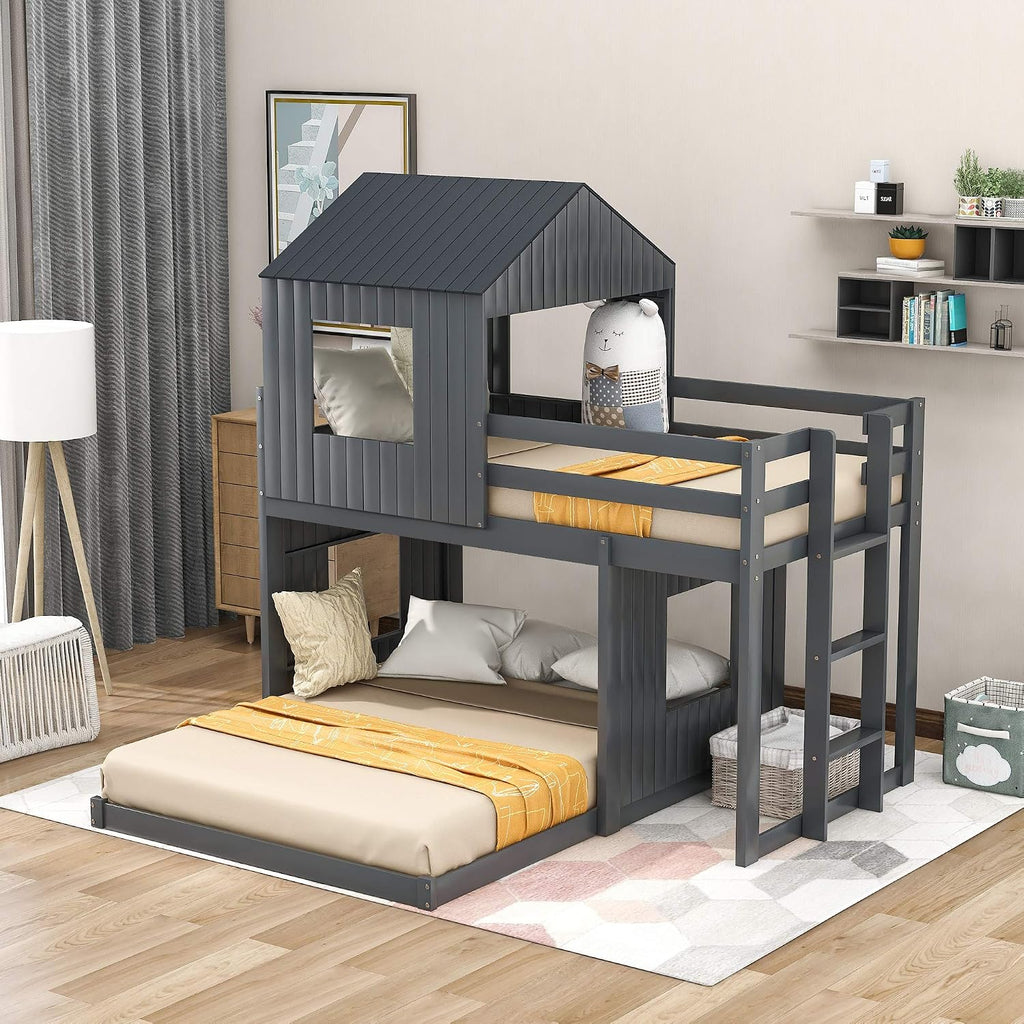 KLMM Twin Over Full Bunk Beds for Kids Toddlers, Wooden Play Farm House Bunk Bed with Roof Window Guardrail Ladder, for Girls Boys, No Spring Box Required (Gray-BUNK Bed-Twin-Full-4)