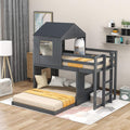 KLMM Twin Over Full Bunk Beds for Kids Toddlers, Wooden Play Farm House Bunk Bed with Roof Window Guardrail Ladder, for Girls Boys, No Spring Box Required (Gray-BUNK Bed-Twin-Full-4)