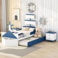 Generic 3 s Bedroom Sets,Twin Size Boat Shaped Platform Bed with Trundle and Two Nightstands,White+Blue, As title