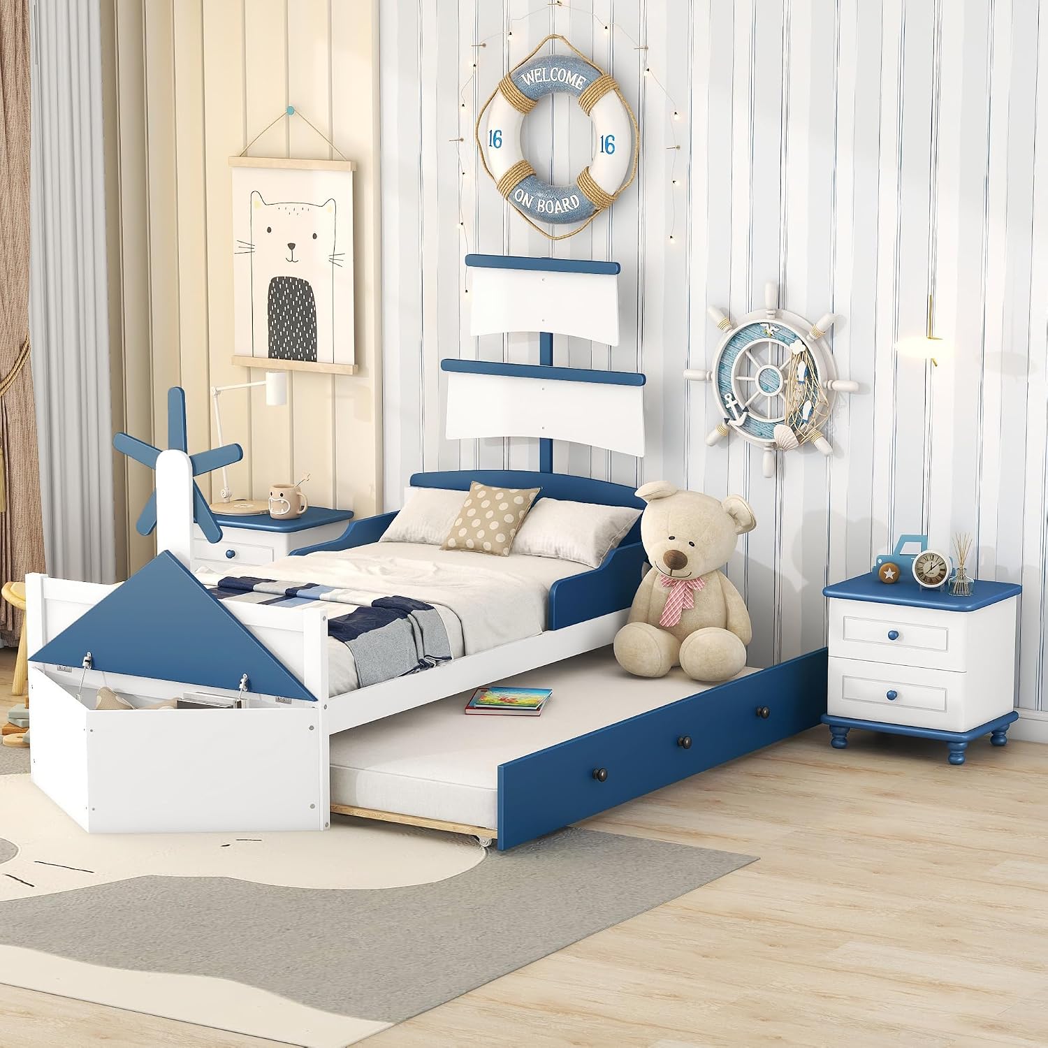 Generic 3 s Bedroom Sets,Twin Size Boat Shaped Platform Bed with Trundle and Two Nightstands,White+Blue, As title