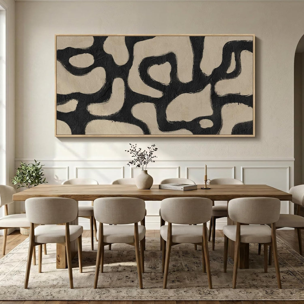 Oversized Framed Abstract Horizontal Wall Art for Living Room, Modern Neutral Black Beige Canvas Artwork for Walls, Extra Large Mid Century Paintings Print for Hallway Dining Room Wall Decor, 72x36 In