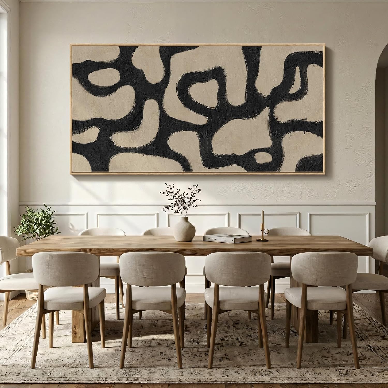 Oversized Framed Abstract Horizontal Wall Art for Living Room, Modern Neutral Black Beige Canvas Artwork for Walls, Extra Large Mid Century Paintings Print for Hallway Dining Room Wall Decor, 72x36 In