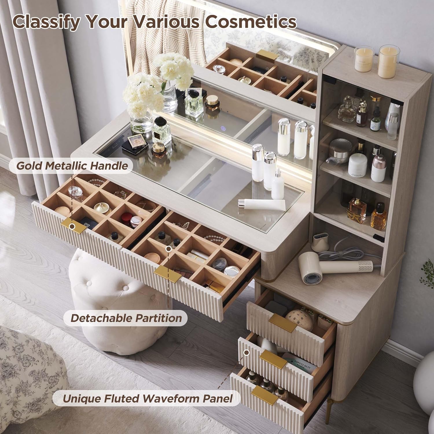 T4TREAM Fluted Makeup Vanity Desk with 36' HD Lighted Mirror, 48' Big Modern Vanity Desk with Mirror and Lights, Dressing Table with 5 Drawers & Shelves, Glass Top for Bedroom (Alder White)