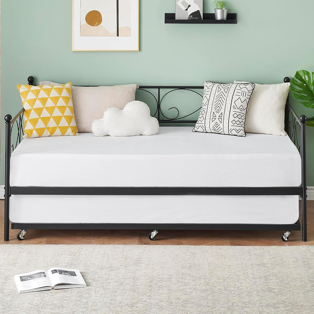 TrailBlaze Modern Space-Saving Twin Metal Daybed with Trundle - Heavy Duty Frame, Stylish Curved Floral Headboard, No Box Spring Needed, Perfect for Bedroom, Living Room, Guest Room - Black Suit, One