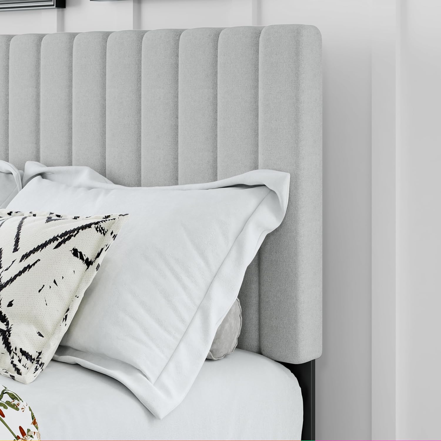 Twin Bed Frame, Fabric Upholstered Platform Bed Frame with Adjustable Headboard, Vertical Quilted Design, Sturdy Slatted Mattress Base, Easy to Assemble, Light Gray