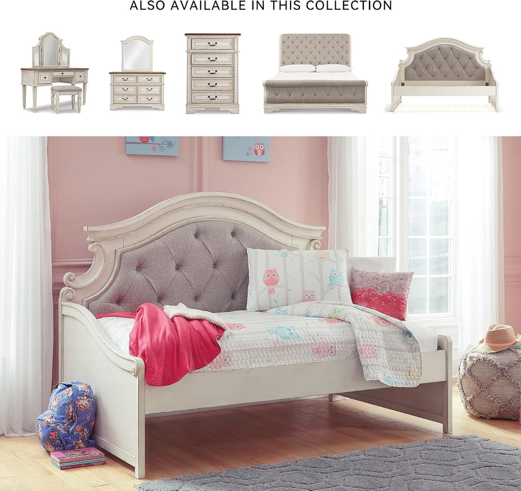 Signature Design by Ashley Realyn French Country Upholstered Tufted Day Bed, Twin, White & Beige