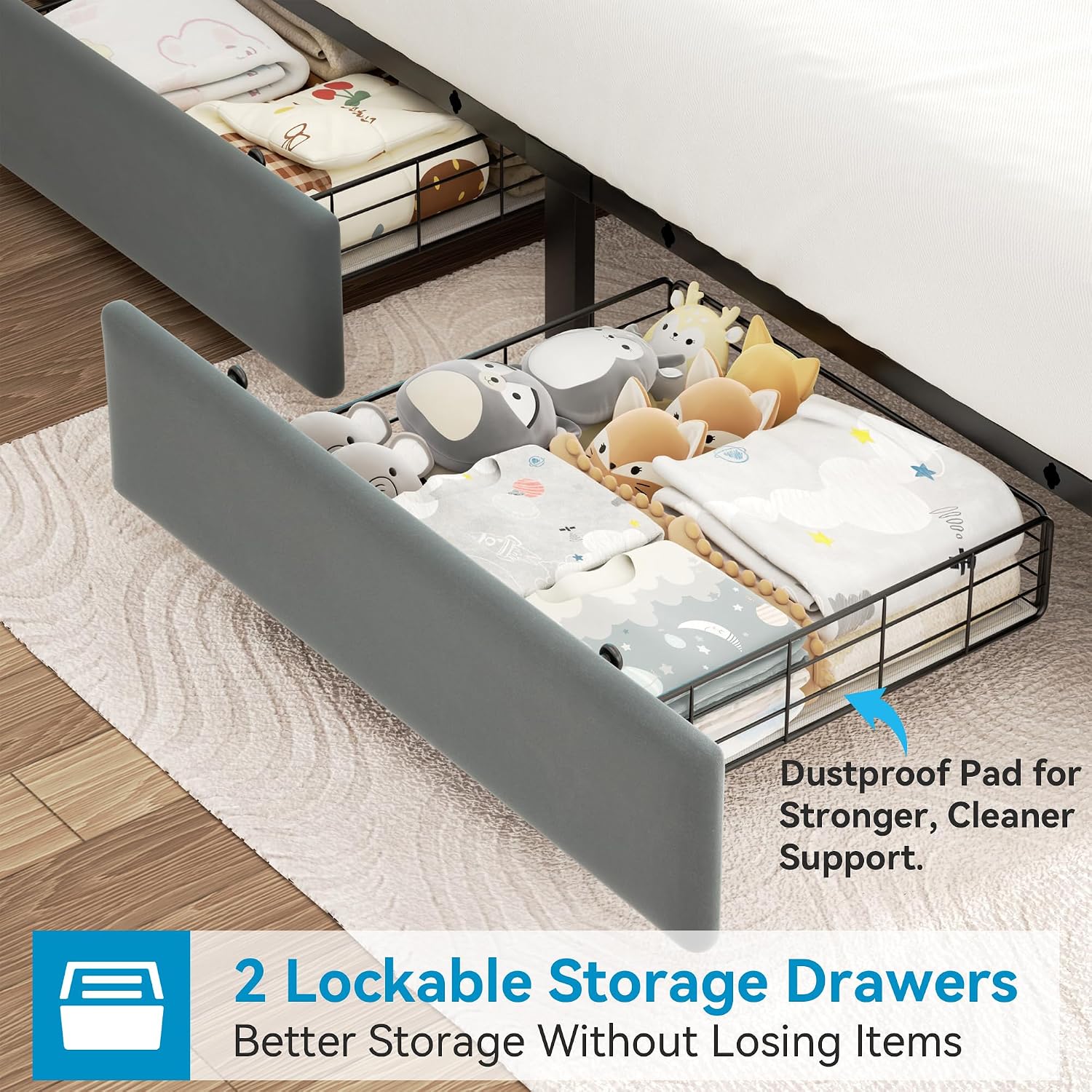 Jocoevol Queen Upholstered LED Bed Frame with 2 Storage Drawers and 2-Tier Storage Headboard, Velvet Platform Bed with Charging Station & Bookcase, Corner Bed Frame, Heavy Duty Metal Support, Grey
