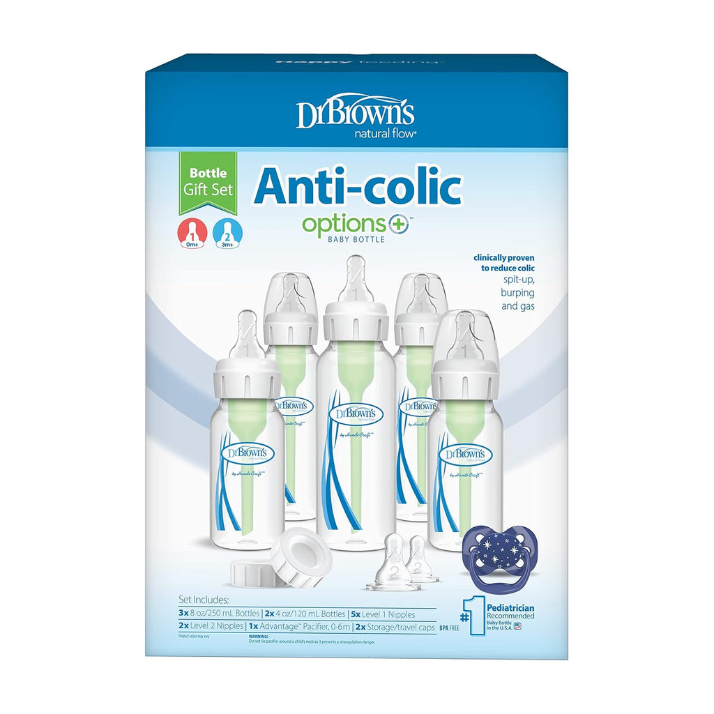 Dr. Brown's Natural Flow Anti-Colic Options+ Narrow Baby Bottle Gift Set with Advantage Pacifier & Bottle Travel Caps, 0m+ (Packaging/Pacifier May Vary) (Pack of 6)