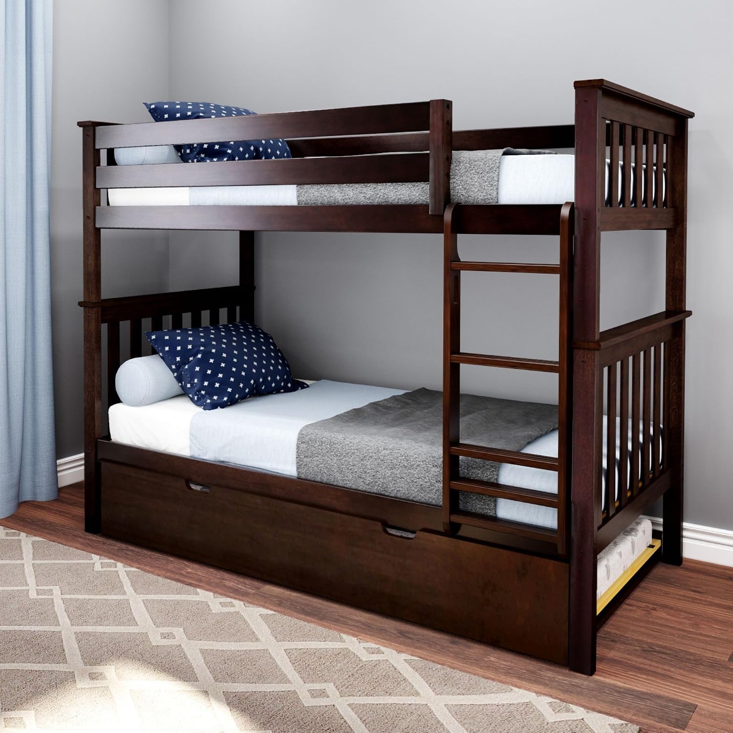 Max & Lily Bunk Bed, Twin-Over-Twin Wood Bed Frame For Kids With Trundle, Espresso