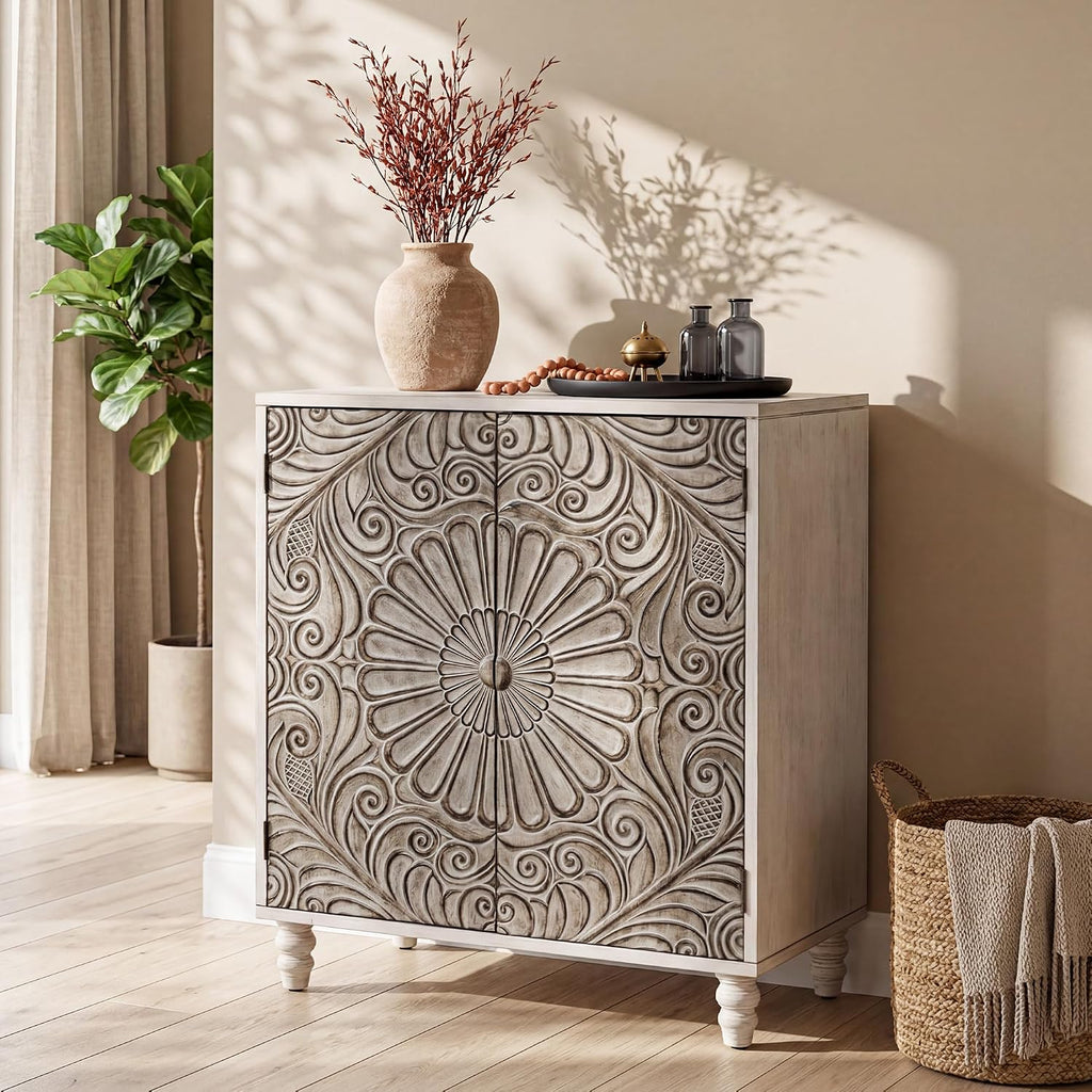 COSIEST 32' W Sideboard Buffet Cabinet with Storage, Accent Cabinet with 2 Push-to-Open Magnetic Doors, Vintage MDF Buffet Table for Living Room, Kitchen, Hallway (Gray,Flower Pattern)