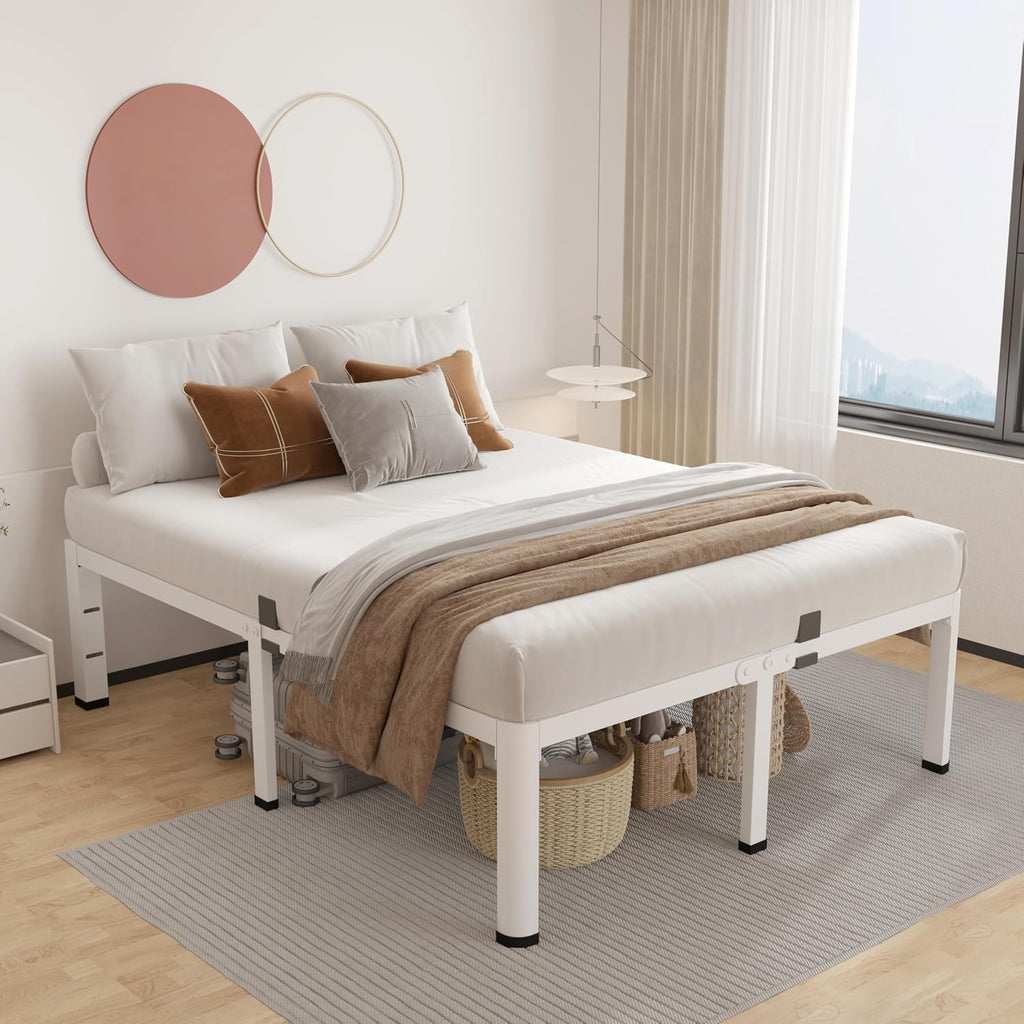 ROIL 18 Inch White California King Bed Frame with Rounded Corner and Headboard Hole Mattress Retainers 3500LBS Heavy Duty Steel Slats No Box Spring Needed Platform Noise-Free Easy Assembly