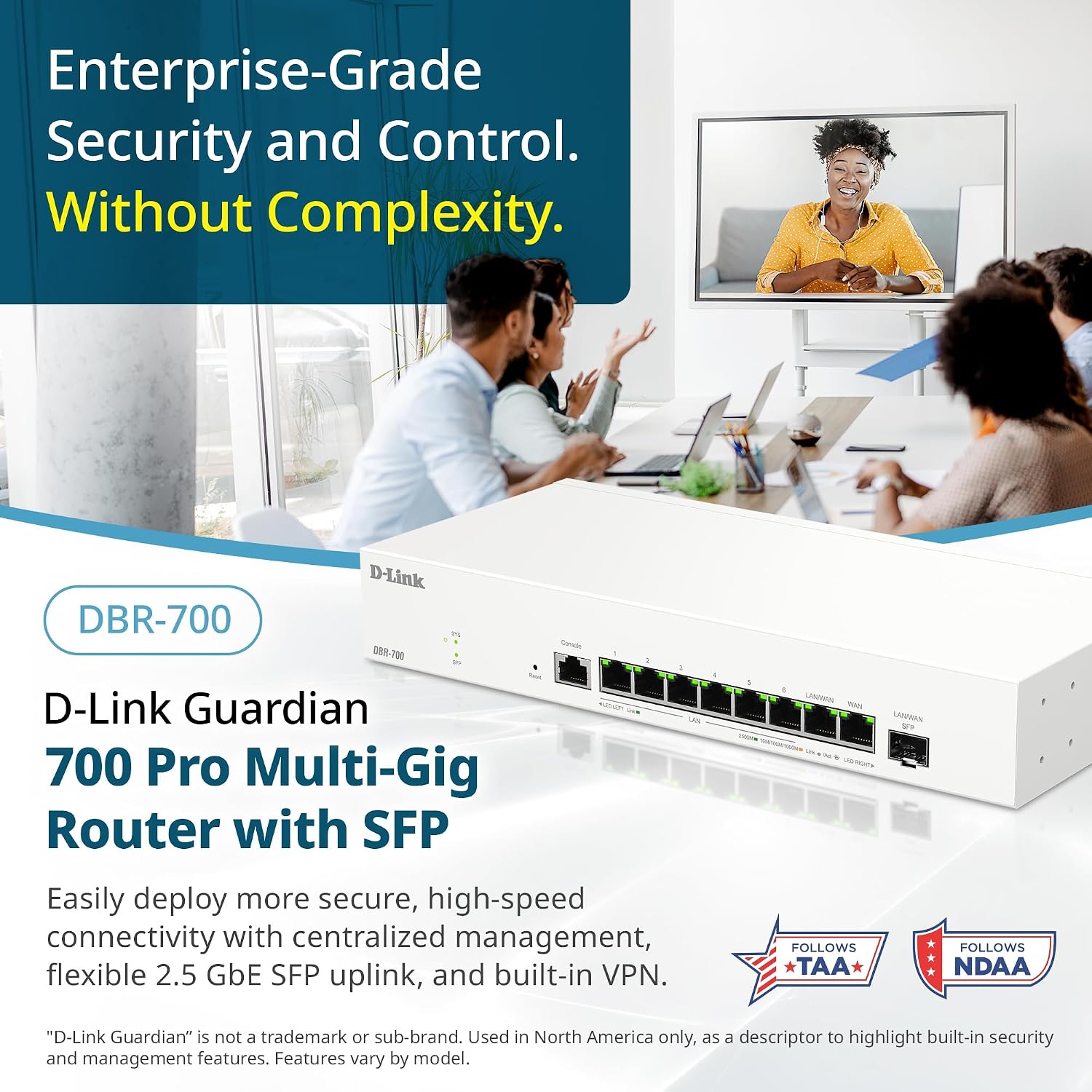 D-Link Guardian 700 Pro Multi-Gig Business Router with SFP (DBR-700), Premium Router with Multi-WAN Failover, SPI Firewall, 8X 2.5GbE LAN with SFP, VPN