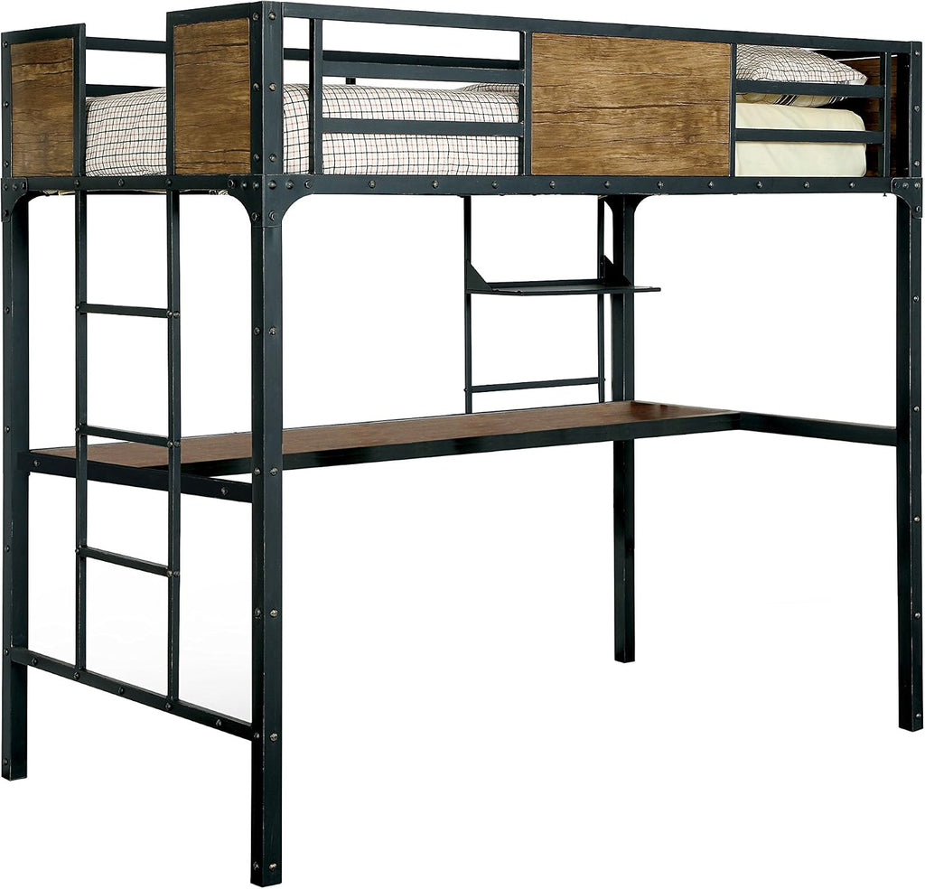 Furniture of America Megyver Two Over Level Industrial Bunk Bed, Twin Over Desk, Black