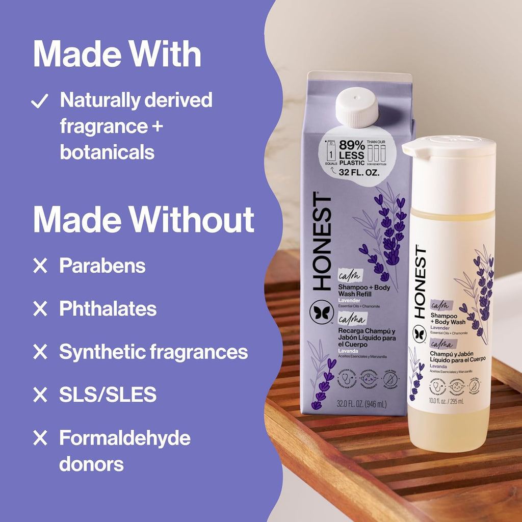 The Honest Company 2-in-1 Cleansing Shampoo Body Wash Refill Carton Gentle for Baby, Naturally Derived, Tear-free, Hypoallergenic, Lavender Calm, 32 fl oz (Pack of 6)