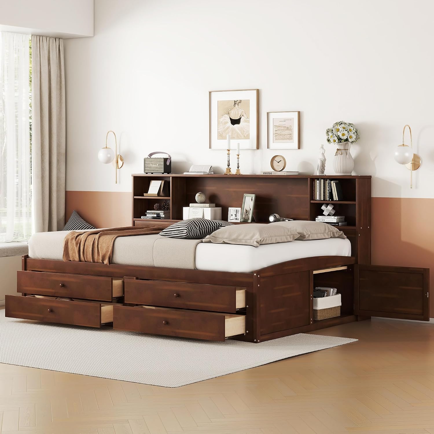 Classic Style Full Size Captain Bed with Built-in Storage Shelves, Wooden Daybed Frame with 4 Drawers and 2 Cabinets, Wood Slats Support for Kids Teens Adults, No Box Spring Needed