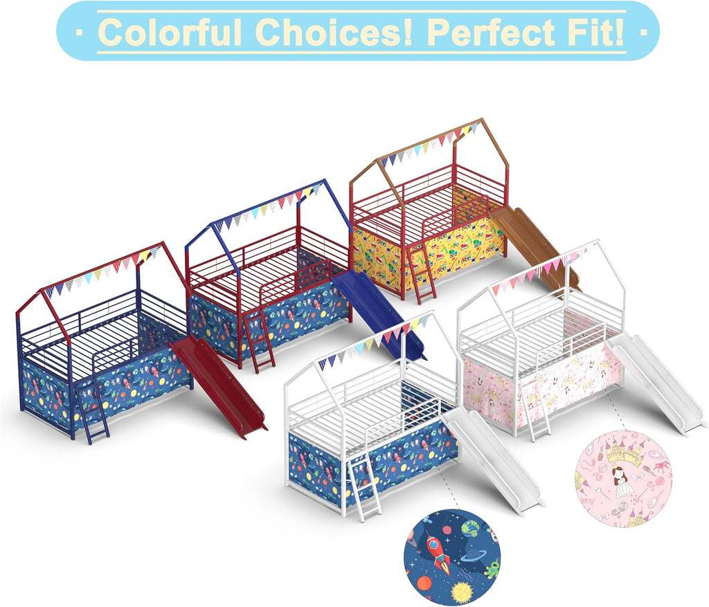 White and Pink Metal Twin Loft Bed with Slide and Curtain Set 76.7' L x 97.8' W x 74.7' H for Kids