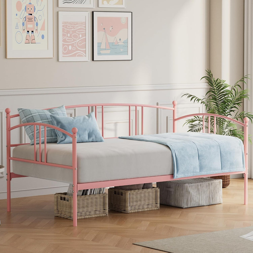 GarveeHome Daybed with Trundle, Sturdy Metal Day Bed with Steel Slat Support, Trundle Bed Twin with Arched Headboard, SofaBed for Living Room, Bedroom and Guest Room, Pink