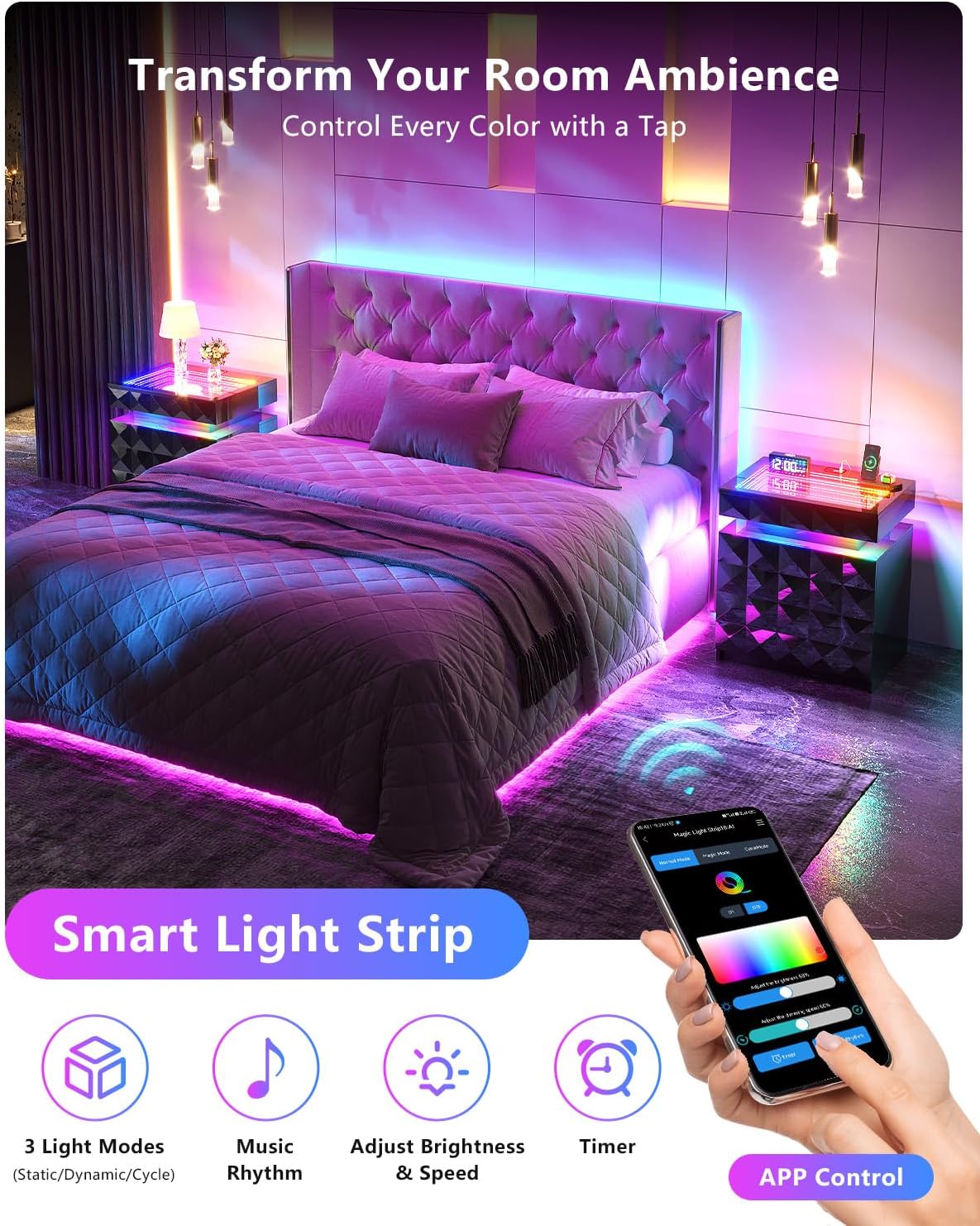Night Stand Set 2 with Charger Station & RGB Lights, 3 Drawers Bedside Table with Sliding Top, Modern Night Stands with Human Body Sensor for Bedroom, Black