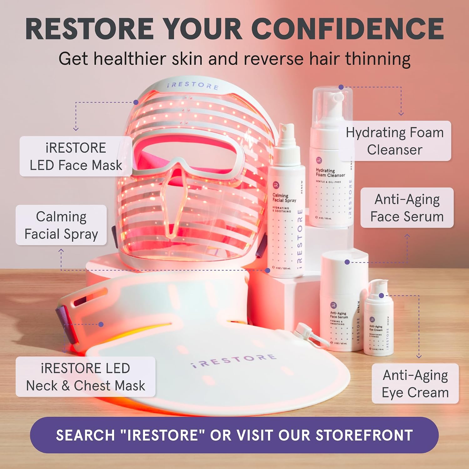 iRestore Illumina LED Neck & Chest Anti Aging Mask – for Smoother, Firmer and Glowing Skin at Home – Red and Infrared Light Therapy for Neck – Red Light Skincare Device with 230 LEDs (White)
