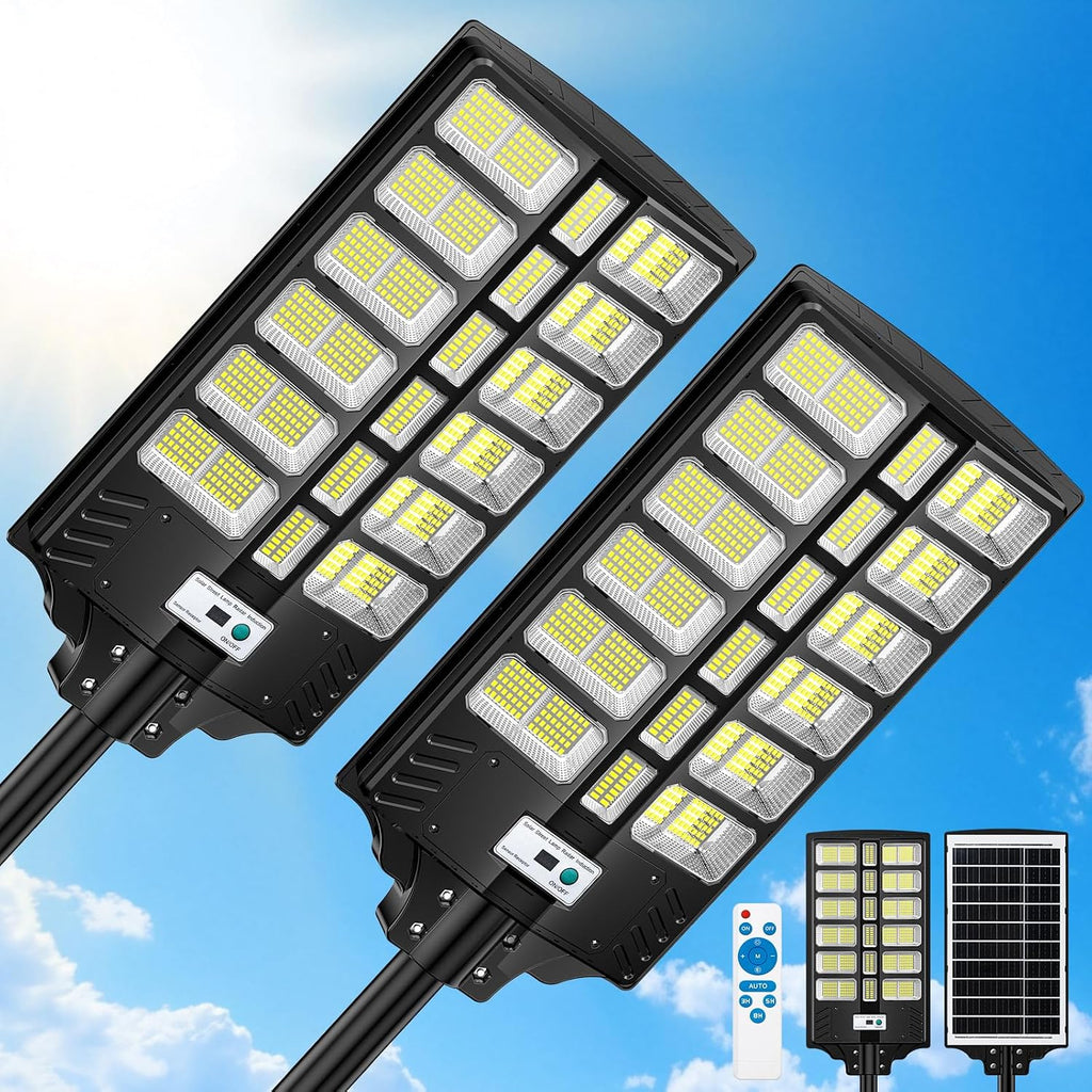 9000W Solar Street Lights Outdoor, Large Solar Powered Commercial Parking Lot Lighting Dusk to Dawn, 7000K Motion Sensor Light with Remote Control & Mounting Arm, IP67 Waterproof, for Yard, 2 Pack