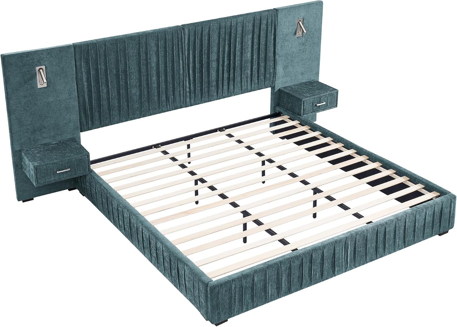 Merax Chenille Upholstered Queen Size Bed Frame with Wide Headboard and 2 Nightstands, Low Platform Bed Frame with Small Reading Lamp and Pleating Design for Adults, No Box Spring Needed, Blue Green