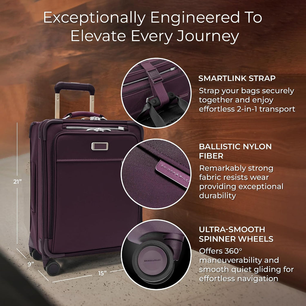 Briggs & Riley 21' Global Carry On Expandable Spinner - Luggage for International Travel, Suitcases with Wheels, Softside Rolling Bag for Men & Women, Self-Repairing Zipper - Baseline Collection, Plum