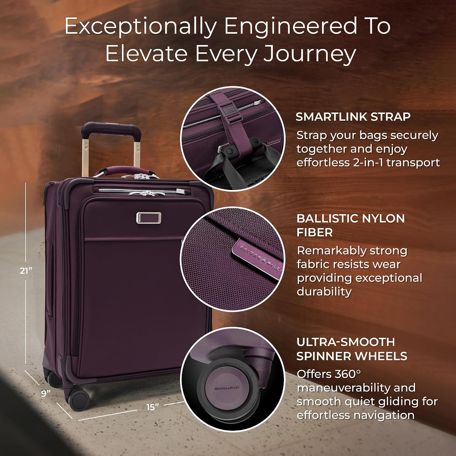Briggs & Riley 21' Global Carry On Expandable Spinner - Luggage for International Travel, Suitcases with Wheels, Softside Rolling Bag for Men & Women, Self-Repairing Zipper - Baseline Collection, Plum